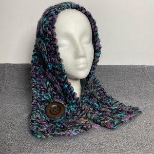 FOSSIL Chunky Knit Scarf turquoise, Purple Cowl Neck Warmer w/Lg Wood Button